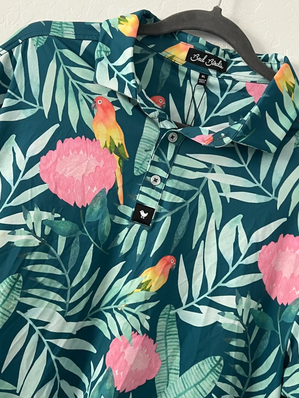 Bad Birdie Polo Shirt XL Tropical Parrot Floral Golf Performance Stretch NWT